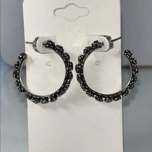 NWOT Israeli Designer Sterling Silver Rosebud Flower Hoop Earrings
